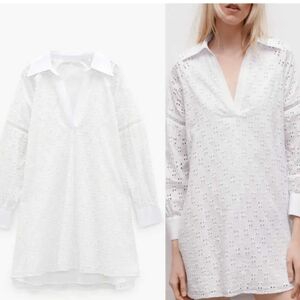 Zara Womans White Eyelet Lined Shirt Dress EUC Size M (#20)